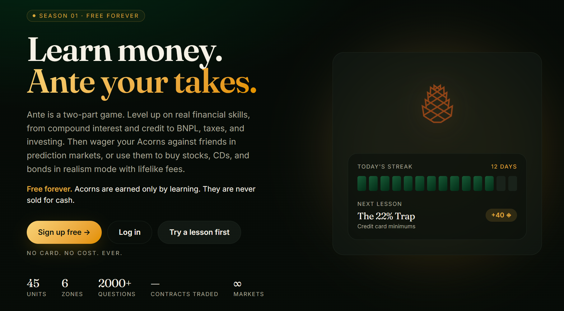 Ante website preview showing the financial literacy game hero